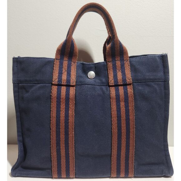 Hermès 1990s Navy/Brown Canvas Fourre Tout Mini Tote Bag - Picture 1 of 15
